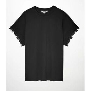 COS Black Women's T-Shirt Top with Lace Trim Sleeves M Relaxed Fit Organic